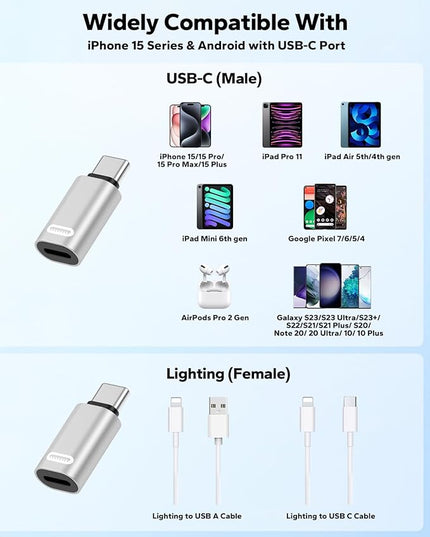 MoKo Lightning to USB C Adapter for iPhone 17 Air 16 15 Pro Max Plus, Galaxy S25 S24 S23, iPad Pro/Air, 2 Pack USB-C to Lightning Adapter for Fast Charging/Data Transfer, Not for Audio/OTG, Silver PD