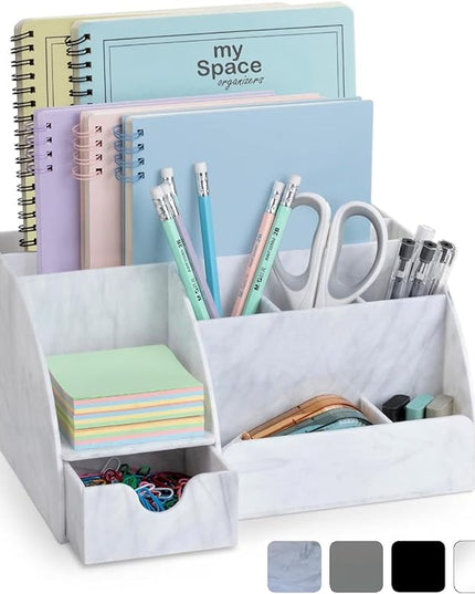 My Space Organizers Marble Desk Organizer For Office Supplies And Accessories - 9 Sections - Pencil Pen Holder Storage - Desktop Organization Decor Essentials (White Grey Marble)