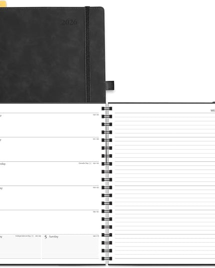 POPRUN 2026 Planner Weekly Notebook Calendar (Jan-Dec), Large Size 8.5'' x 10.5'' - Agenda 2026 Appointment Book with Monthly Tabs, Inner Pocket, Spiral Soft Cover, 100 GSM - Black