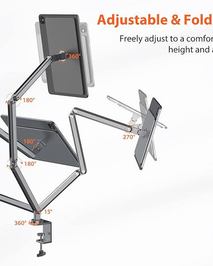 KU XIU Magnetic iPad Pro 12.9 Stand, Aluminum Alloy Foldable Arm Mount or Working, Multi-Node Adjustable Tablet Holder for iPad Pro 12.9" 3rd/4th/5th/6th Gen-Gray