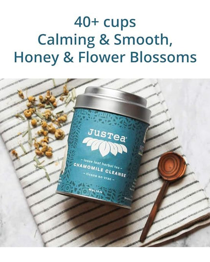 JusTea CHAMOMILE DREAM | Loose Leaf Herbal Tea | Tin with Hand Carved Tea Spoon |40+ Cups (1.6oz) | Caffeine Free | Award-Winning | Fair Trade | Non-GMO