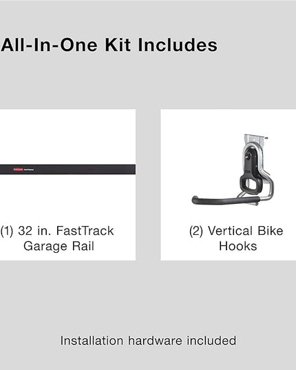 Rubbermaid FastTrack Garage Storage Bike Storage Kit, 3 Piece, All in One Rail Hook Kit Organizer, Heavy Duty Organization for Home/Garage/Wall/Shed