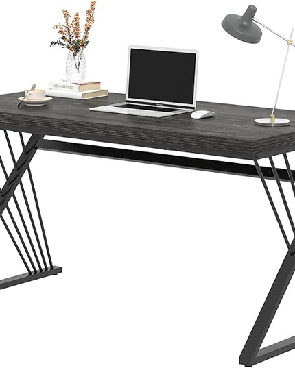 FOLUBAN Modern Home Office Desk, Rustic Wood and Metal Computer Desk, Writing Study Gaming Table PC Desks for Living Room Bedroom, Industrial Dark Gray, 53 inch