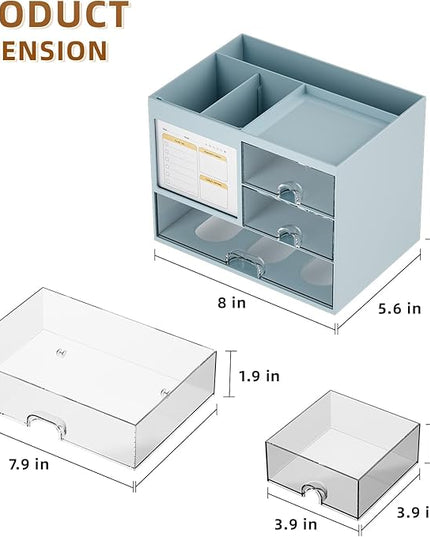 Marbrasse Desk Organizer with 3 Drawer, Multi-Functional Pencil Pen Holder for Desk, Desktop Organizer Storage for Office Home Art Supplies (Blue)