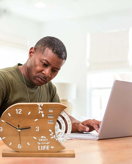 2-in-1 Wooden Analog Clock & Calendar - Silent No Ticking Desk Clocks Perpetual Calendar for Office, Bedroom, Study - Vintage Home Shelf Table Decor - Flip Date, Month & Day of The Week