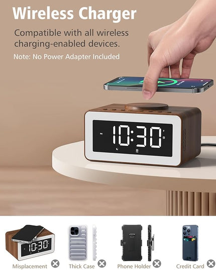 Digital Alarm Clocks for Bedrooms, Bluetooth Speaker, Alarm Clock with Wireless Charging, White/Brown Noise Sound Machine for Sleep with Night Light Wooden Vintage Decor Birthday Gifts for Men, Women