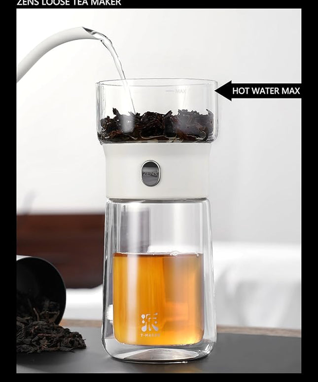 ZENS Modern Tea Pot, Glass Teapot with Infusers for Loose Tea Diffusers with One Touch Pouring, Cool Portable Tea Maker with Insulated Tea Mug and Travel Tea Kits for Tea Lover Gifts