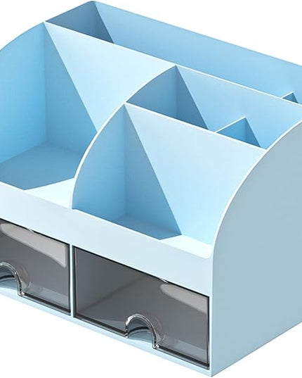 Desk Organizer with 6 Compartments and 2 Drawers, Plastic Makeup Organizer, Pen Holder for Desktop Storage, Desk Organization for School, Home, Office Supplies (Blue)