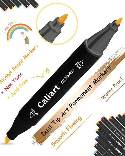 Caliart Markers, 100 Colors Dual Tip Art Markers Sketch Pens Permanent Alcohol Based, with Case for Adults Artists Drawing Illustration Sketching Coloring (Black Barrel)