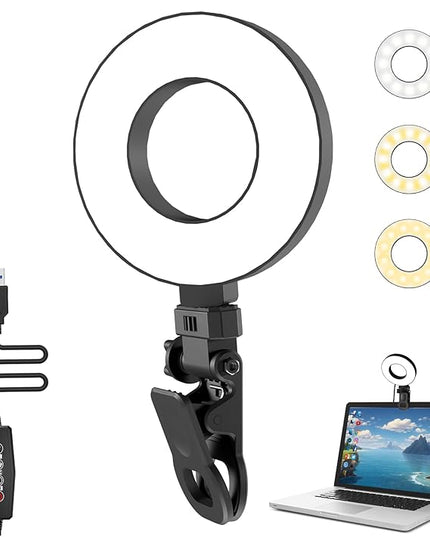 Ring Light [3 Color, 5 Brightness & Timer] 3.5'' Small Video Conference Lighting Clip On Monitor Laptop iPad Phone, USB Plug Dimmable Selfie Light for Working, Meeting, YouTube/TikTok Content Creator
