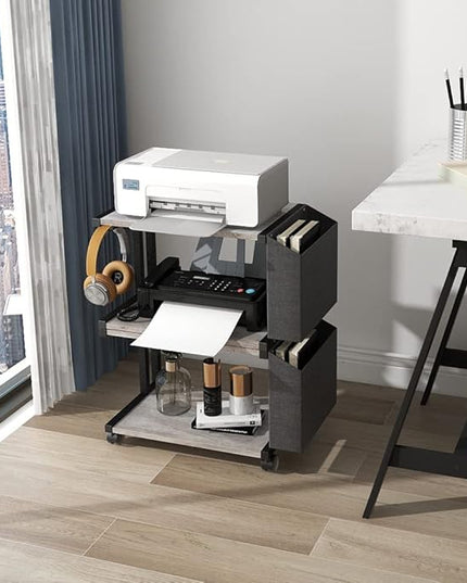 VEDECASA 2 Tier Vintage Greige Wooden Under Desk Printer Stand with Storage Bag for Home Office Desktop Printer Table Organizer Mobile Printer Shelf Cart with Caster Wheel