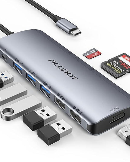 USB C Hub, Acodot 9 in 1 USB C to 4K@60HZ HDMI Multiport Adapter, 3 USB 3.0 Ports, SD/TF Card Reader, 100W PD, Desigend for MacBook Pro Air HP XPS and Other Type C Devices