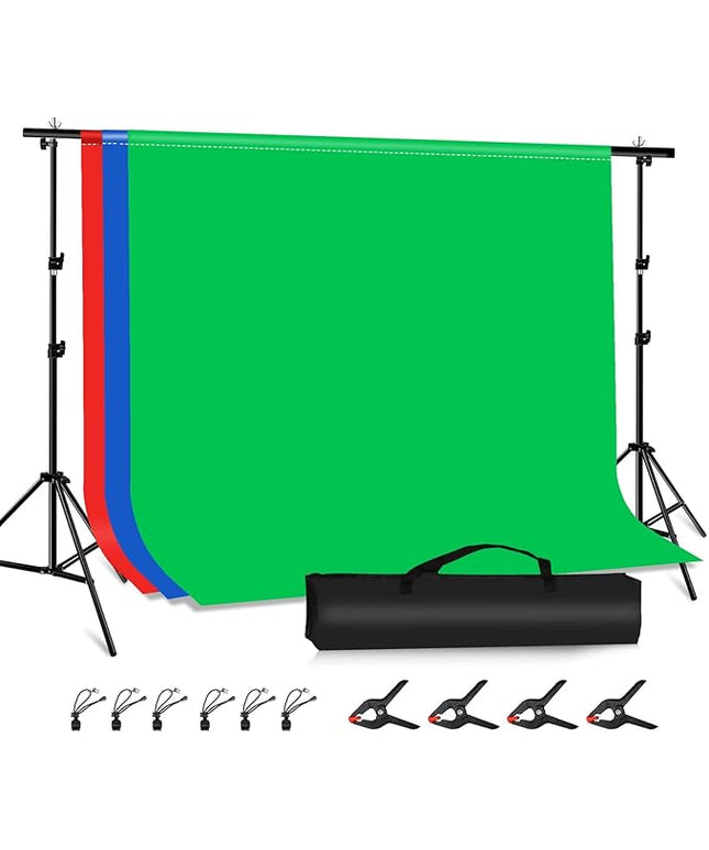 PULUZ Photo Background Support System with 9.5x6.5ft/300x200cm Backdrop Stand Kit, Portable greenscreen Background and Blue Red Backdrop for Photography, Video Shooting, Live Streaming, Party