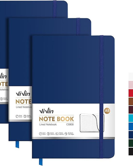 ViVin Lined Journal Notebooks, 3 Pack, (Navy), 192 Pages, Medium 5.5 x 8.3 inch, College Ruled, A5 Hardcover Notebooks, Journaling Notebooks for Writing, Business, School