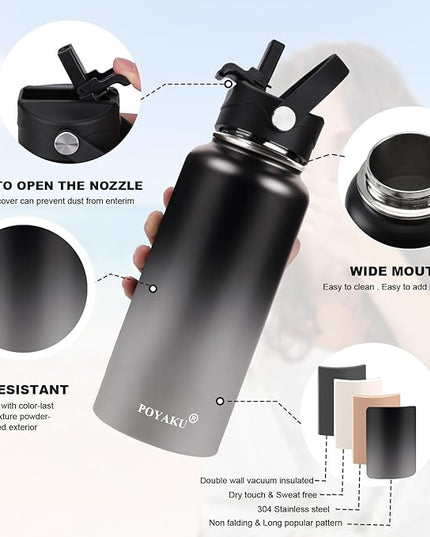 Water Bottle Insulated 32oz 40oz 64oz 128oz Straw Lid Spout Lid & 3 Lids, Leak Proof, Vacuum Insulated,Stainless Steel Water Bottle Wide Mouth for Sports, Gym or Office