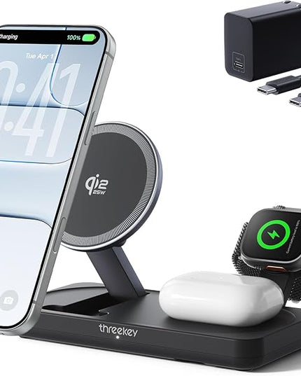 THREEKEY 3 in 1 iPhone 17 Charging Station,MagSafe Charger Compatible, Qi2 25W MFi Certified Wireless Charger Stand for iPhone 17/16/15/14/13/12, Apple Watch, AirPods(45W Adapter Included)