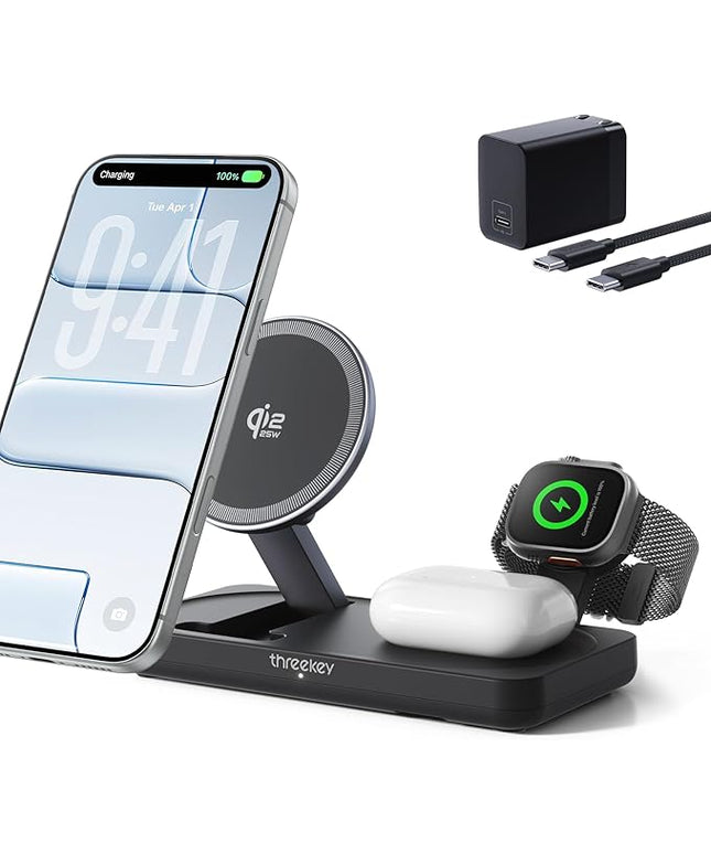 THREEKEY 3 in 1 iPhone 17 Charging Station,MagSafe Charger Compatible, Qi2 25W MFi Certified Wireless Charger Stand for iPhone 17/16/15/14/13/12, Apple Watch, AirPods(45W Adapter Included)