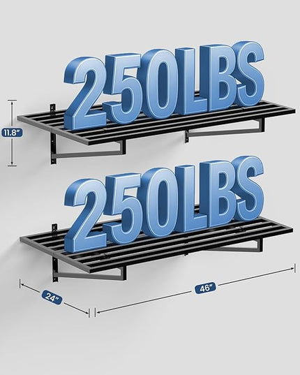 1-Pack Garage Wall Shelves, 2' x 4' Heavy Duty Wall Mounted Storage Rack with 3 Hooks, 250 lbs Capacity, Steel Garage Organization Shelving for Tools, Bins, and Power Equipment