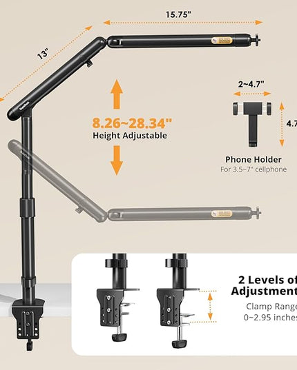 Overhead Camera Mount, Adjustable Desk Mount with Flexible Aluminum Spring Arm, 360° Ball Head, 1/4" 3/8" Screw & Phone Clamp for DSLR Cameras, Light, Heavy Microphones, and Smartphones