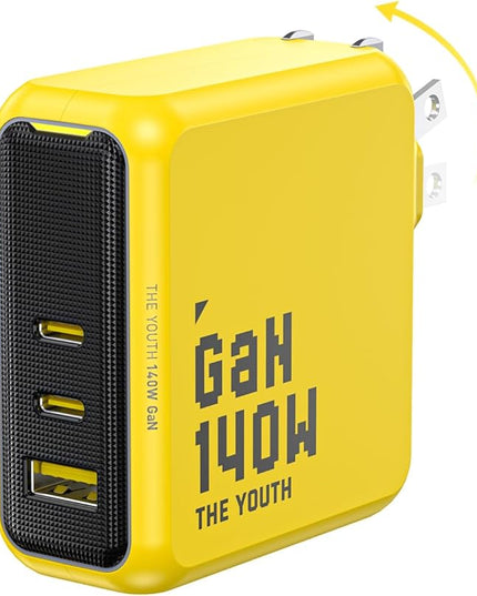 AOHI Youth 140W GaN+ USB C Charger 100W Laptop Fast Charger PD3.1 PPS 3-Port USB C Wall Charger Power Adapter for MacBook Pro 16'', Dell XPS, iPhone 17 Pro Max, iPad Pro, Tablet, Chromebook, Yellow