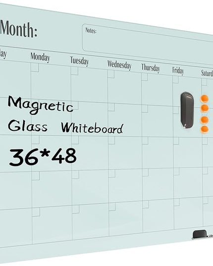 Magnetic Glass Dry Erase Board Calendar- White Board 48 x 36 Inch Wall Mounted Glass Monthly Whiteboard, Large Frameless Glass White Board for Wall Office, Home & School