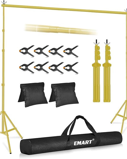 EMART Backdrop Stand 10x10ft(WxH) Photo Studio Adjustable Background Stand Support kit with 2 Crossbars, 8 Clamps, 2 Sandbags and Carry Bag for Parties, Events Decoration, Wedding -Titanium Gold