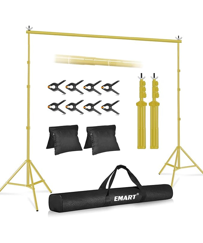 EMART Backdrop Stand 10x10ft(WxH) Photo Studio Adjustable Background Stand Support kit with 2 Crossbars, 8 Clamps, 2 Sandbags and Carry Bag for Parties, Events Decoration, Wedding -Titanium Gold