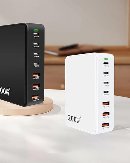 USB C Charger Charging Station 200W 7-Port GaN Fast Charging Block PD 3.0 TypeC and USB A Wall Charger Laptop Power Adapter for All iPhone16/15/14 iPad Samsung Android Pixel Series (Black)