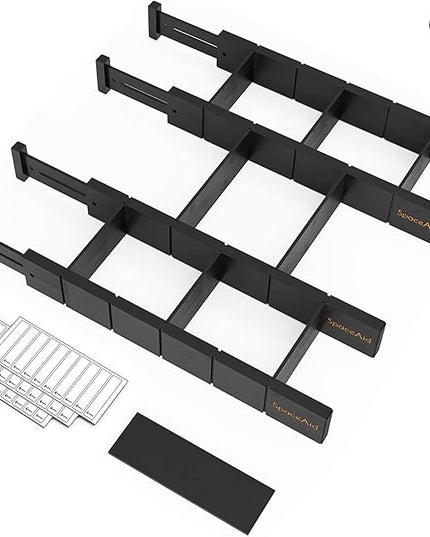 SpaceAid Bamboo Drawer Dividers with Inserts and Labels, Kitchen Adjustable Drawer Organizers, Expandable Organization for Home, Office, Dressers, 4 Dividers with 9 Inserts (17"-22" Black)