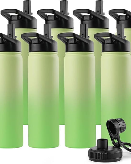 DOMICARE Insulated Water Bottle, 22 oz Vacuum Insulated Stainless Steel Reusable Sports Bottle with Straw Lid & Spout Lid for Travel, Camping, Bike, Leakproof, Green Gradient, 8 Pack