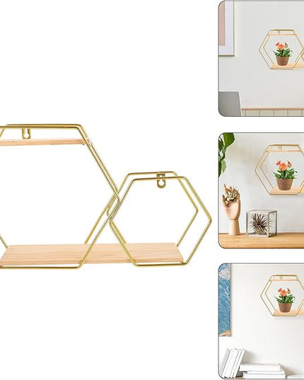 Hexagonal Wall Floating Shelf Metal and Wood Wall Shelves Gold Decorative Storage Rack for Bedroom Living Room Display and Home Organization