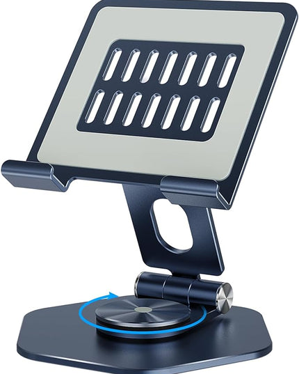 Foldable Aluminum Tablet Stand for Desk, 360° Swivel iPad & Tablet Holder – Portable & Stable Desktop Mount for 5–12.9in Devices, Dark Grey