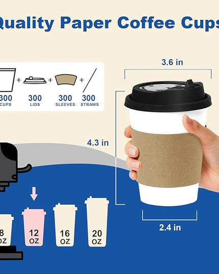 Coolcap 12 oz 300 Pack Coffee Cups with Lids and Sleeves, Straws, Hot Disposable To Go Travel Paper Cups Bulk for Office, Home Coffee Bar Accessories, Chocolate, Cocoa, Beverage (White)
