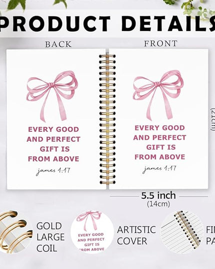 dvhdajed Coquette Christian Spiral Notebook, Bible James 1:17 Journaling Journaling Notebooks, Pink Bow Prayer Spiral Journal for Girls Women, Preppy Religious Office School Supplies Gifts,5.5x8.3 In
