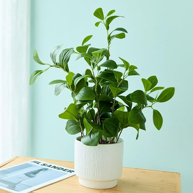 Ewtogift 19'' Artificial Ficus Plant in White Textured Ceramic Pot Realistic Faux Greenery with Lifelike Leaves Fake Plants for Indoor Home Office Bathroom Shelf Desk Tabletop Decor