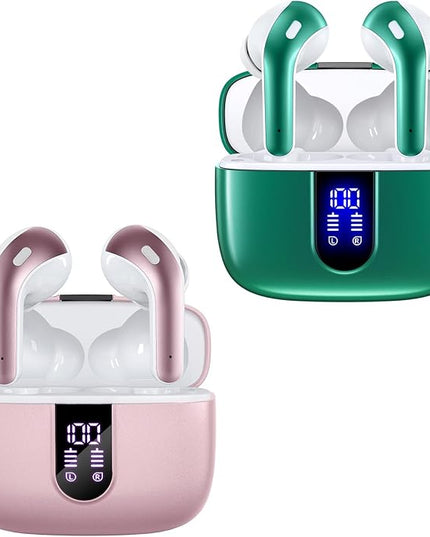TAGRY 2 Sets X08 Pink and Forest Green Bluetooth Headphones True Wireless Earbuds 60H Playback Ear Buds with Wireless Charging Case in-Ear Earbuds with Mic