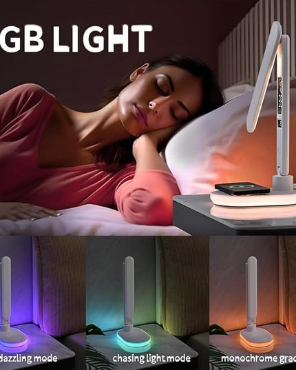 IHAO Luxury Multifunctional LED Desk Lamp10W Qi Wireless Charger Digital Alarm Clock Ambient Light & Temperature Display Adjustable Eye-Care Table Lamp with Leather Texture Design Table Lamp-U20 White