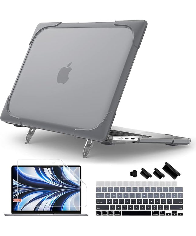 Batianda Heavy Duty Case for New MacBook Air 13.6 inch Case 2025 M4 Chip 2024 2022 Release, Ergonomic Foldable Kickstand (Holds 20lbs) Matte Translucent Protective Cover with Keyboard Skin, Gray