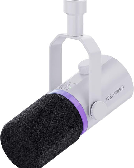 FEELWORLD PM1 XLR USB Dynamic Microphone Gifts for Podcast Recording PC Computer Gaming Live Streaming Vocal Voice-Over, Studio Metal Mic with RGB Light, Mute Button, Headphones Jack (White)