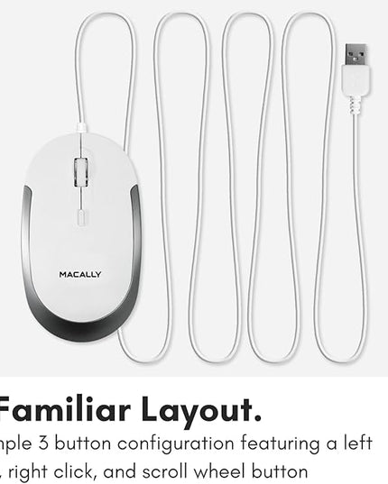 Macally Silent Wired Mouse - Slim & Compact USB Mouse for Apple Mac or Windows PC Laptop/Desktop - Designed with Optical Sensor & DPI Switch - Simple & Comfortable Wired Computer Mouse (White)