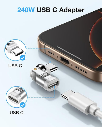 USB C Adapter [3-Pack], PD 240W USB C 90 Degree Adapter, Type C Right Angle Adapter/360 & 180 Degree C to C Adapters for Phone 17/16/15, MacBook Pro/Pad Series, Samsung Galaxy, Tablet, Laptop-White