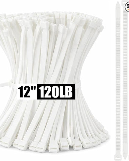 Reallnaive 500 Pcs 12 Inch Zip Ties Heavy Duty 120 Lbs Tensile Strength White Nylon Wire Cable Ties Bulk for Indoor Outdoor
