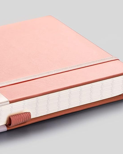 EMSHOI College Ruled Notebook-120gsm Thick Paper, 256 Numbered Pages Lined Journal for Women, 16 Perforated Pages, Faux Leather Hardcover, Inner Pocket, Pen Holder, A5 Medium 5.75" x 8.38"-Pink