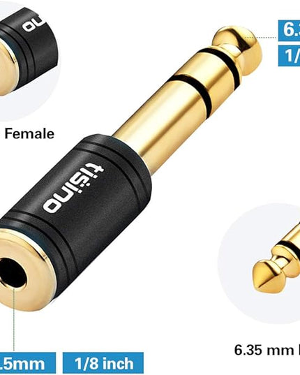 Tisino 3.5mm to 1/4 Stereo Adapter, 1/8 inch Female to 1/4 inch Male Aux Jack Converter Headphone Adapter - Black, 1PCS