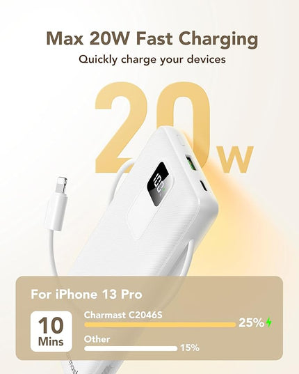 charmast 20000mAh Portable Charger with Built-in Cables & Wall Plug, 20W USB C Power Bank, Fast Charging Battery Pack Travel Essentials Compatible with iPhone 16/15/14 Series, Samsung, Google, iPad