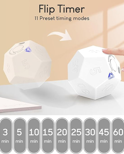 Mini 12 Sided Cube Timer, 11 Preset Times Pomodoro Timer for Enhanced Productivity. Ideal for ADHD Management, Workout, Study & Kitchen Cooking. Easy to Use（White）