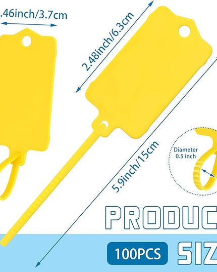 LeonBach 100 PCS Plastic Shipping Tags, 1.46" x 2.48", Waterproof Labels Writable Hanging Tag with Sealing Strap, Shipping Cable Tie Label Tags for Keys Luggage Logistic Retail Inventory(Yellow)