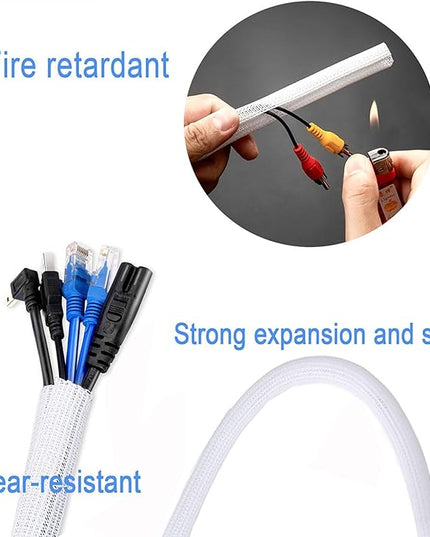 1/2" x 10ft Black/White Cable Sleeve - Protects Cords from Pets & Organizes Wires - Modern Style - Polyester Material - Flame Retardant - Easy to Use & Cut(White, 1/2"-10ft)