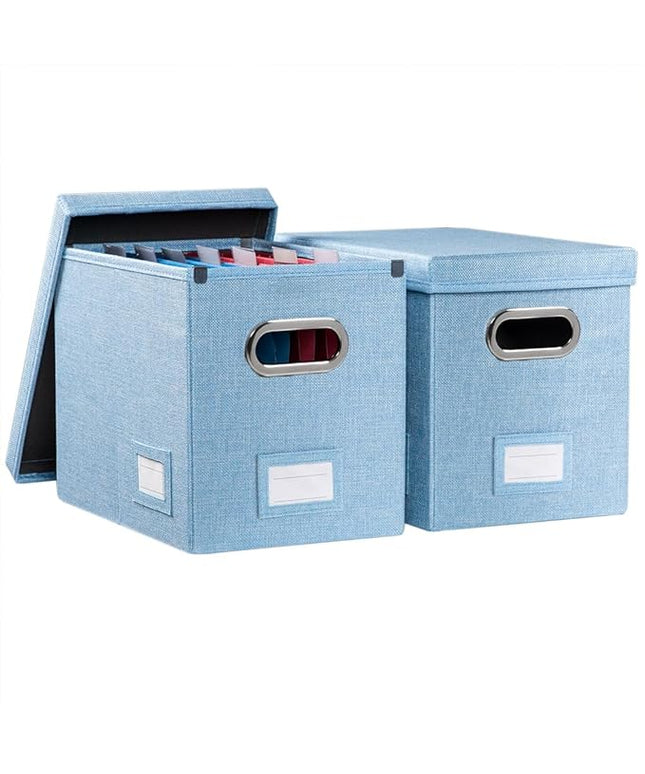 PRANDOM File Organizer Box - Set of 2 Collapsible Decorative Linen Filing Storage Hanging File Folders with Lids Office Cabinet Letter Size Blue (14x9.3x10.8 inch)