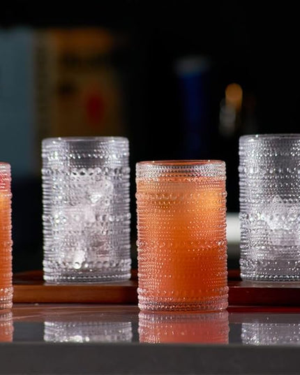 LEMONSODA Hobnail Highball Glasses Set of 4 – Vintage Clear Drinking Glass Cups 15oz – Textured Tall Retro Glassware Tumblers for Water, Iced Coffee, Cocktails, Soda, Juice (Highball 15oz, Set of 4)